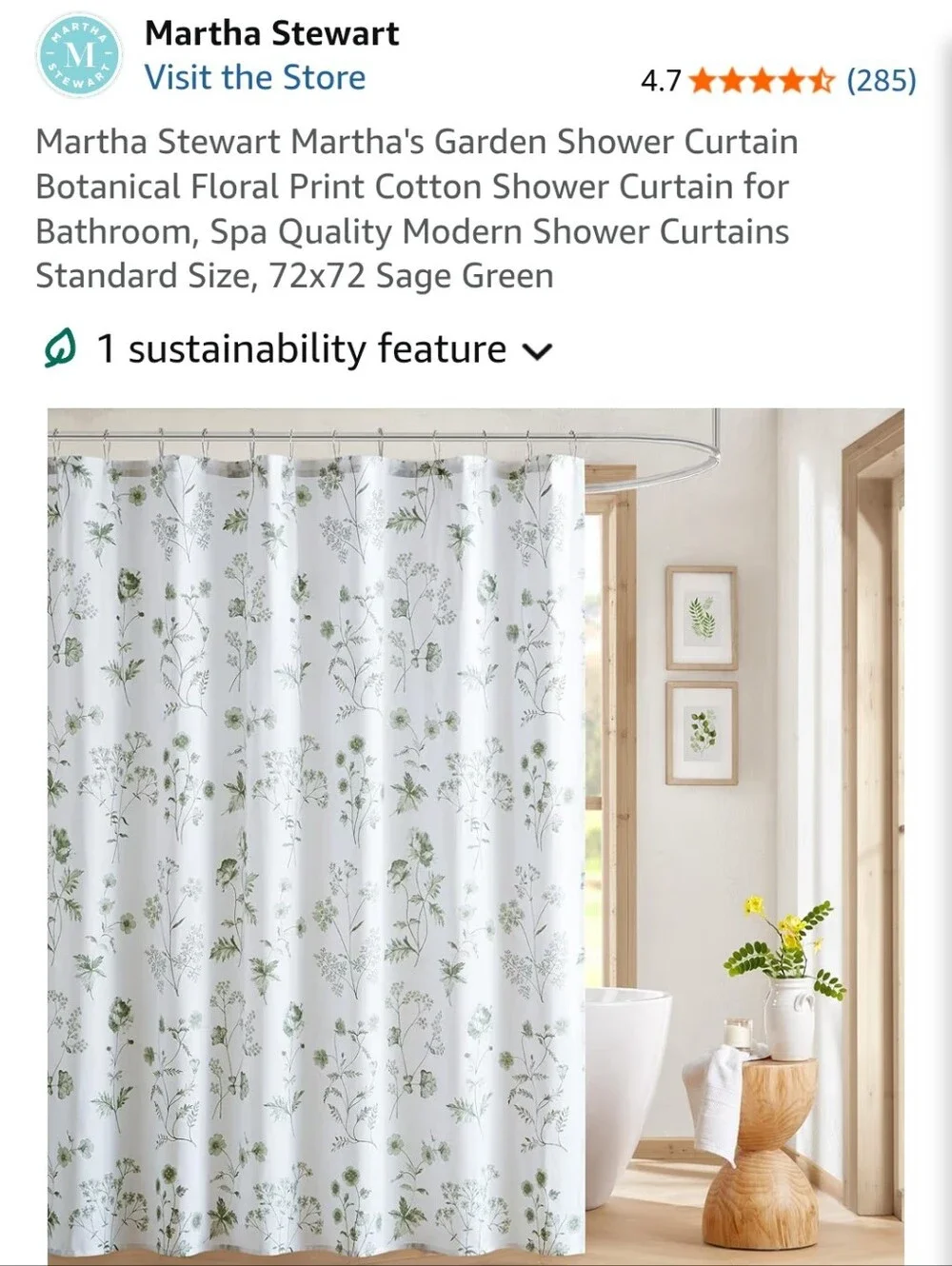 Martha Stewart White Shower Curtain with Sage Green Botanical Print